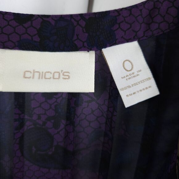 Chico's 0 Womens 4 Purple Floral Flower Sheer Button Up Tunic Blouse Top Shirt - Picture 2 of 7